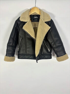 Zara Kids Faux Shearling Aviator Jacket Faux Shearling-Lined Moto Jacket in